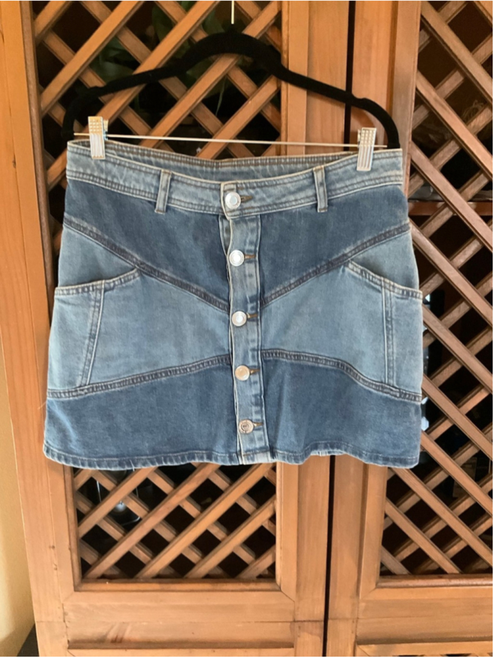 SO Denim Patchwork Mini Skirt Button Front Blue Jean Skirt Size 11